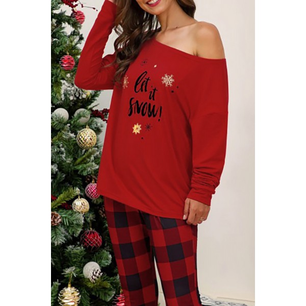 Red Christmas Letter Print Plaid Pajama Set