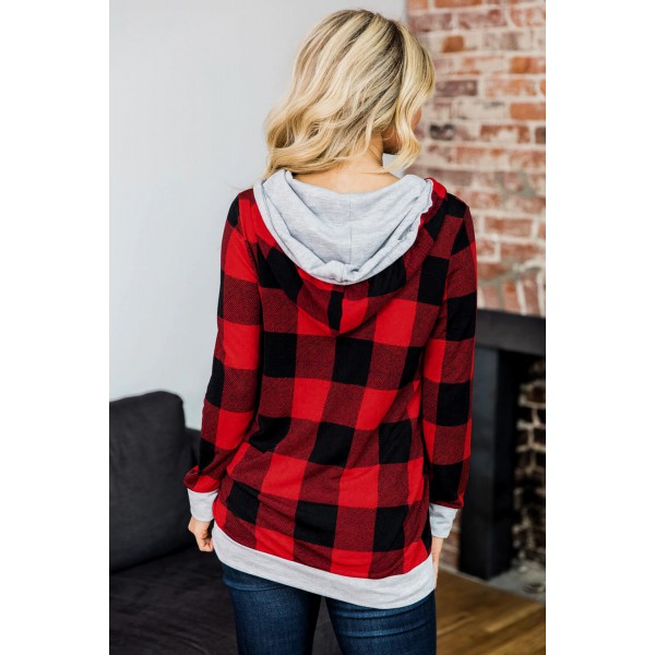 Red Plaid Pocket Drawstring Christmas Hooded Lounge Sets