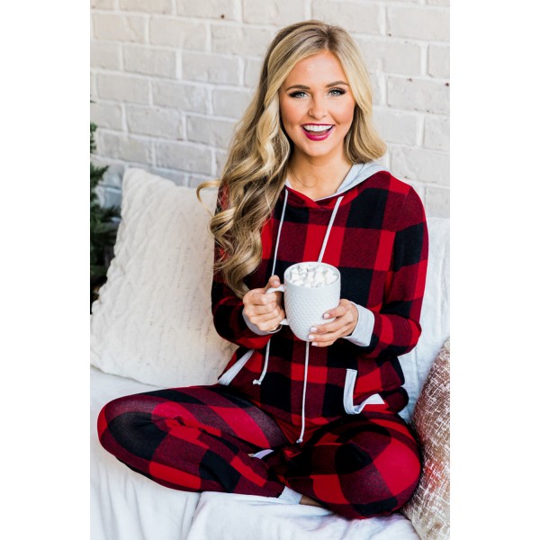Red Plaid Pocket Drawstring Christmas Hooded Lounge Sets