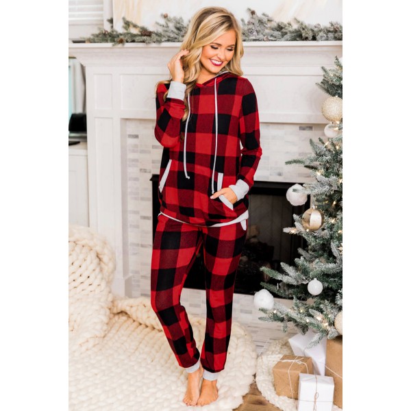 Red Plaid Pocket Drawstring Christmas Hooded Lounge Sets