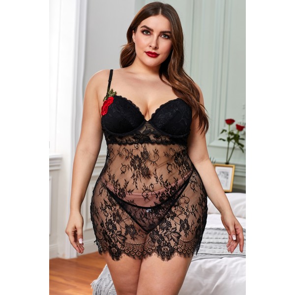 Black Lace-up Back Floral Lace Babydoll