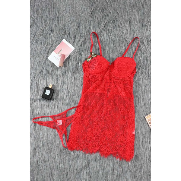 Red Lace-up Back Floral Lace Babydoll