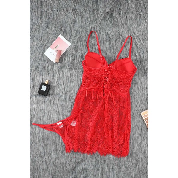 Red Lace-up Back Floral Lace Babydoll