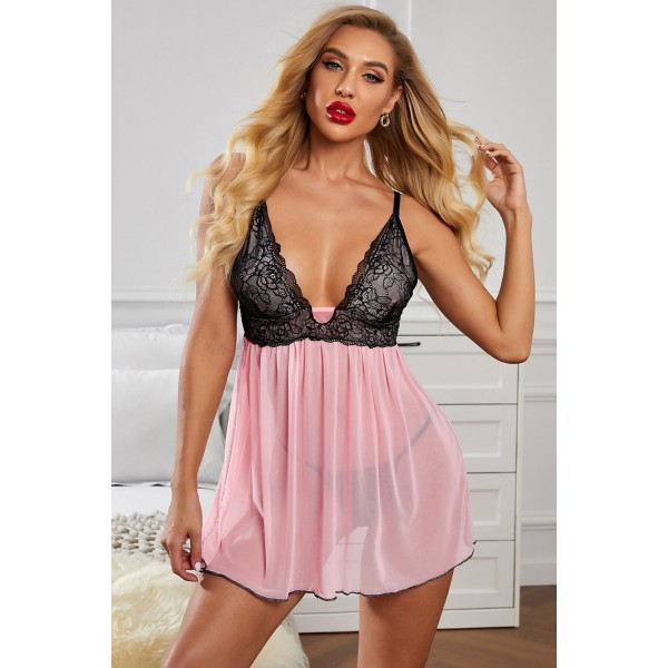 Pink Lace Cups Tulle Babydoll Set