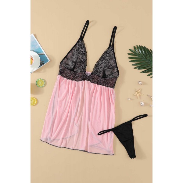 Pink Lace Cups Tulle Babydoll Set