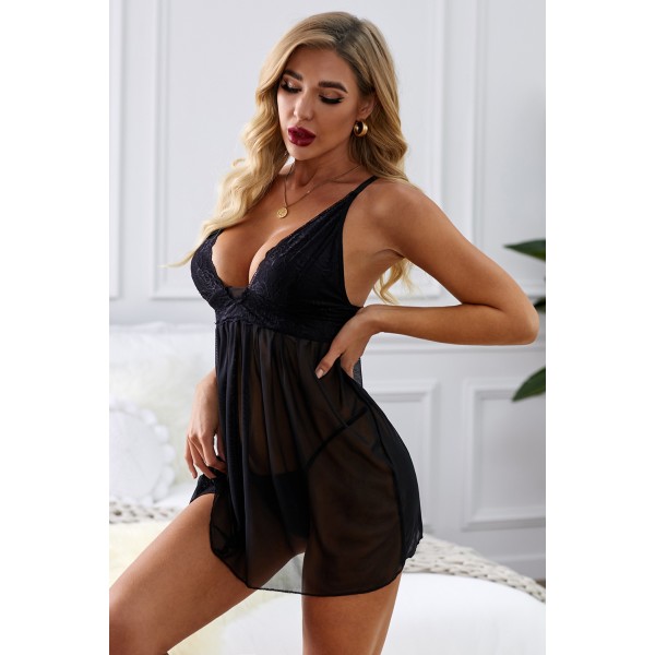 Black Lace Cups Tulle Babydoll Set