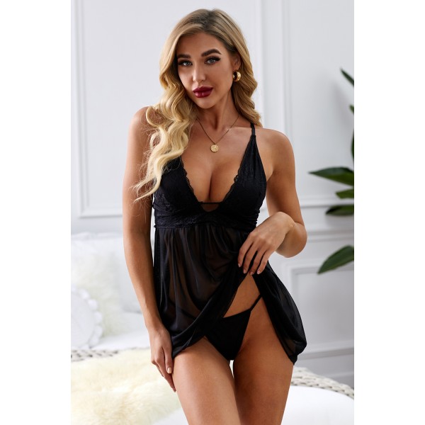 Black Lace Cups Tulle Babydoll Set