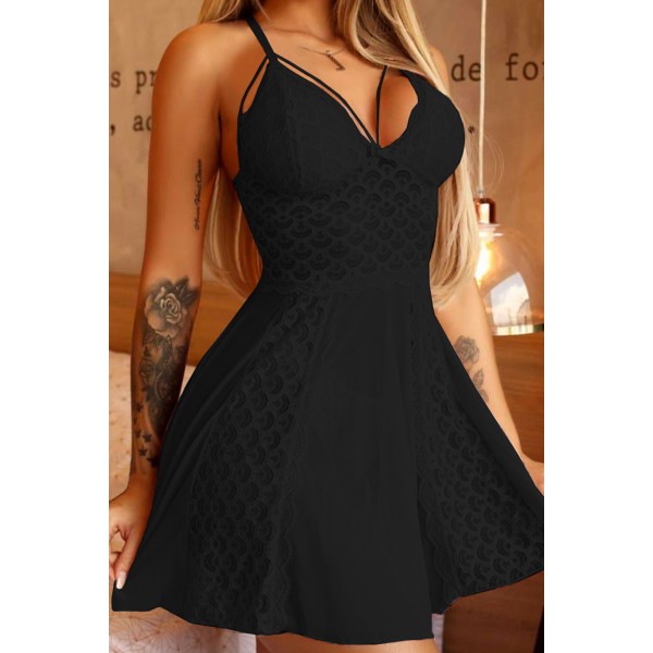 Black Lace Tulle Flare Babydoll with Thong