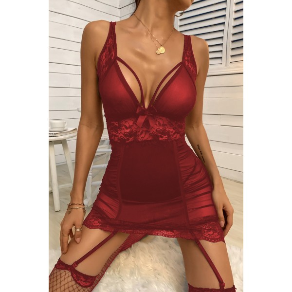 Red Deep V Neck Ruched Transparent Lace Mesh Chemise