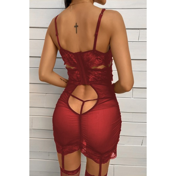Red Deep V Neck Ruched Transparent Lace Mesh Chemise