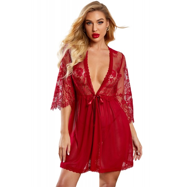 Red Romantic Love Lacy Mesh Robe with Thong