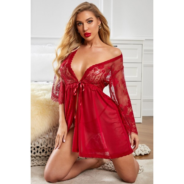 Red Romantic Love Lacy Mesh Robe with Thong