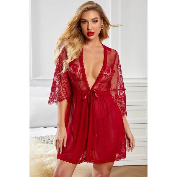 Red Romantic Love Lacy Mesh Robe with Thong