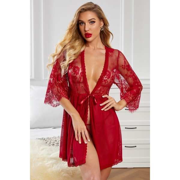 Red Romantic Love Lacy Mesh Robe with Thong