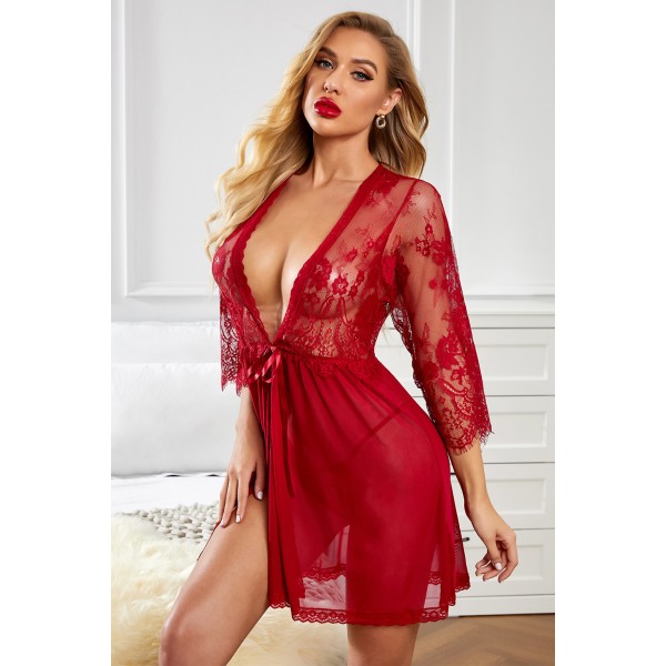 Red Romantic Love Lacy Mesh Robe with Thong