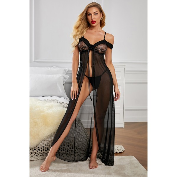 Spaghetti Straps Off Shoulder Night Gown with Thong