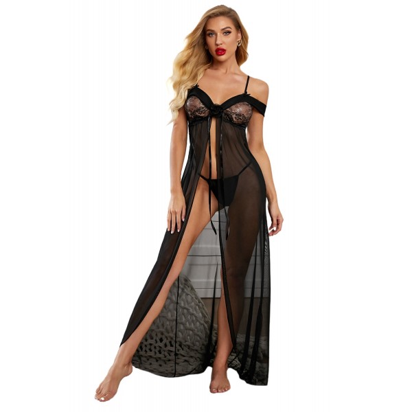 Spaghetti Straps Off Shoulder Night Gown with Thong