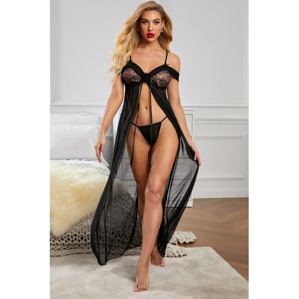 Spaghetti Straps Off Shoulder Night Gown with Thong