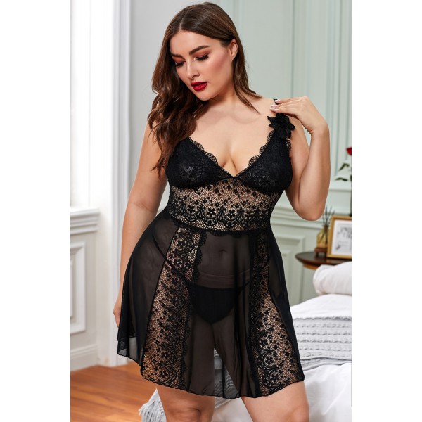 Black Pink Lace Nightdress Babydoll