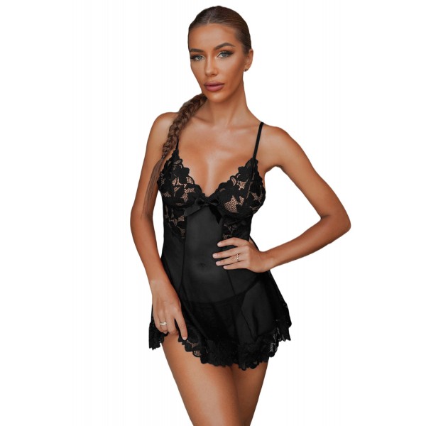 Black Lace Mesh Splicing Babydoll Set