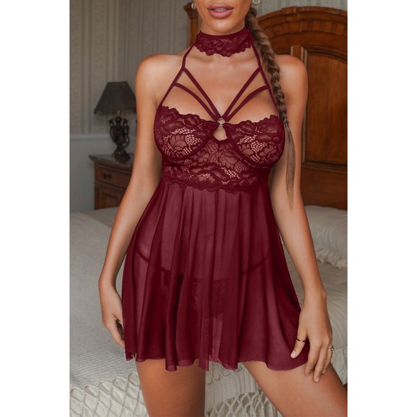 Red Lace Sheer Splicing Strappy Badydoll Set