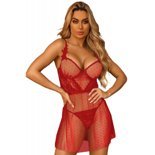 Red Polka Dot Print Mesh Lace Babydoll Set