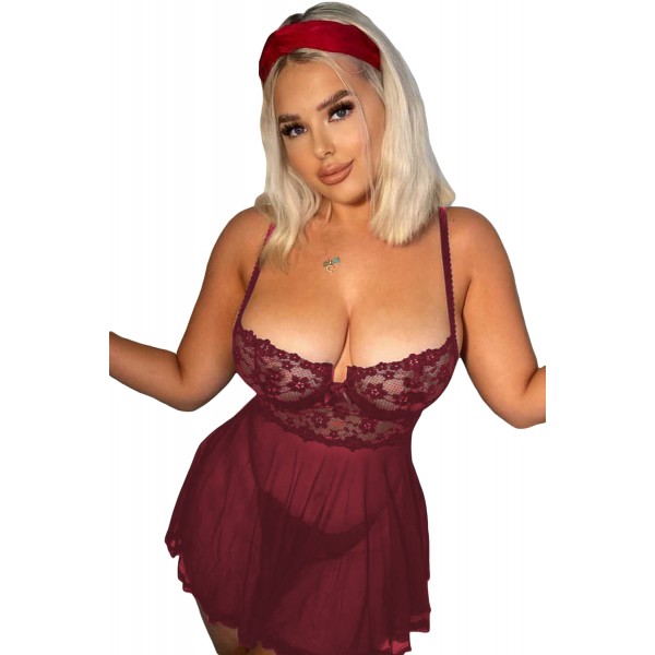 Burgundy Valentines Lace Bra tulle Splicing Babydoll