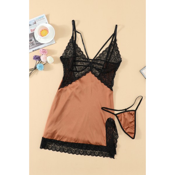 Apricot Lace Spice Satin Babydoll with Slit