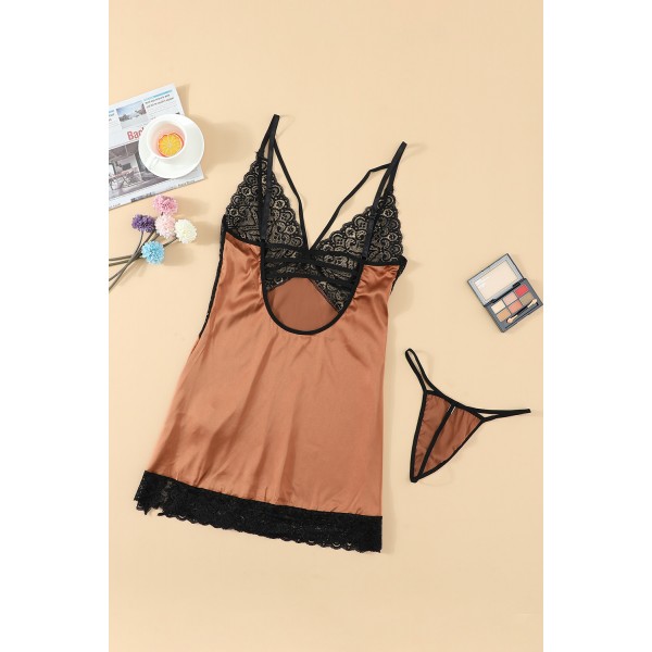 Apricot Lace Spice Satin Babydoll with Slit