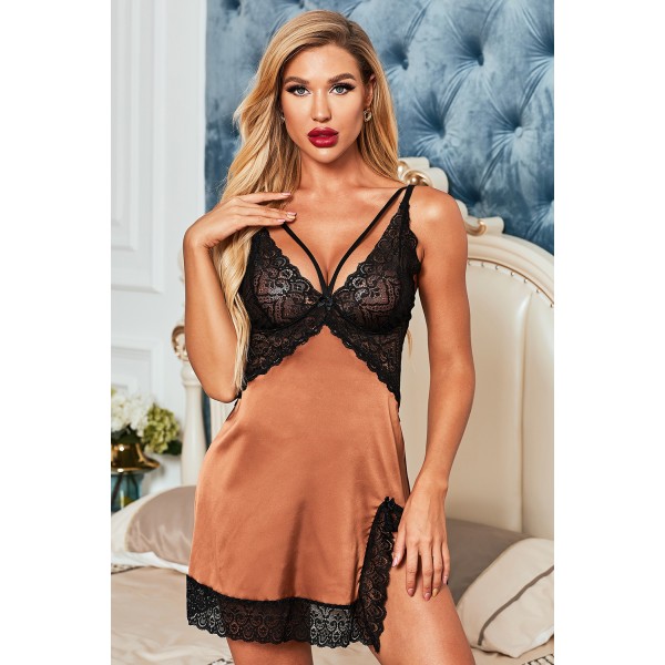 Apricot Lace Spice Satin Babydoll with Slit