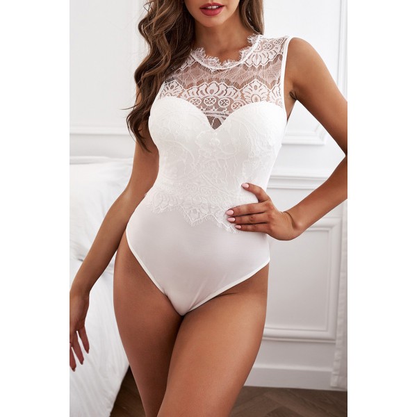 White Lace High Neck Cut Out Back Bodysuit