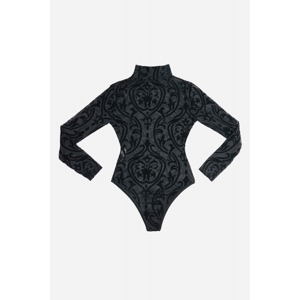 Black Sheer Mesh Print Long Sleeves Bodysuit
