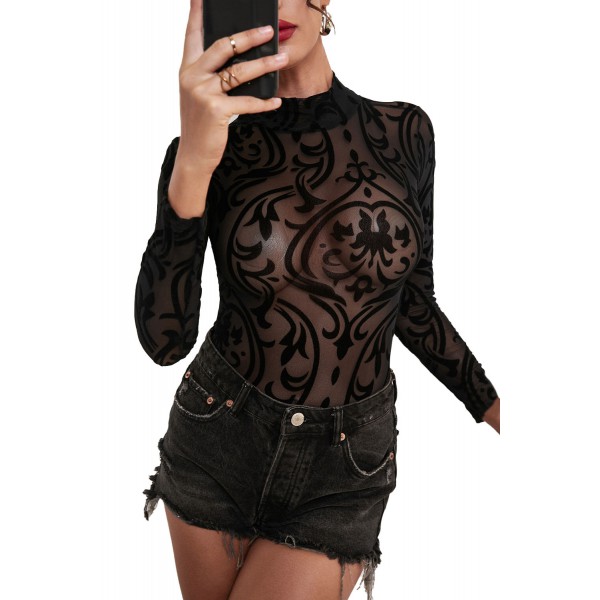 Black Sheer Mesh Print Long Sleeves Bodysuit