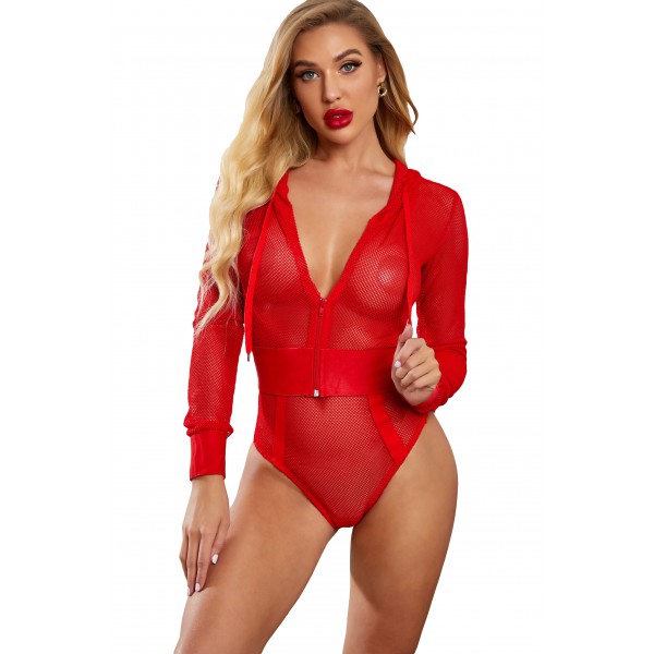 Red Long Sleeves Hollow-out Hooded Mesh Bodysuit