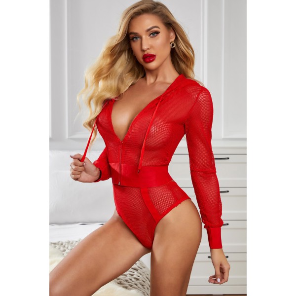 Red Long Sleeves Hollow-out Hooded Mesh Bodysuit