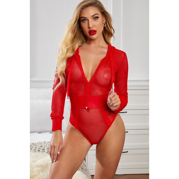 Red Long Sleeves Hollow-out Hooded Mesh Bodysuit