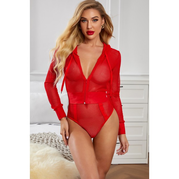 Red Long Sleeves Hollow-out Hooded Mesh Bodysuit