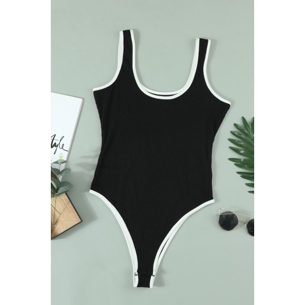Black Colorblock Neckline Ribbed Bodysuit
