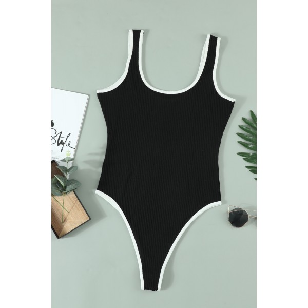 Black Colorblock Neckline Ribbed Bodysuit