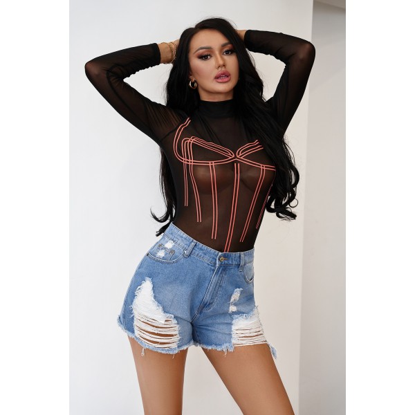 Black High Neck Printed Front Long Sleeve Bodysuit