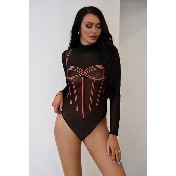 Black High Neck Printed Front Long Sleeve Bodysuit