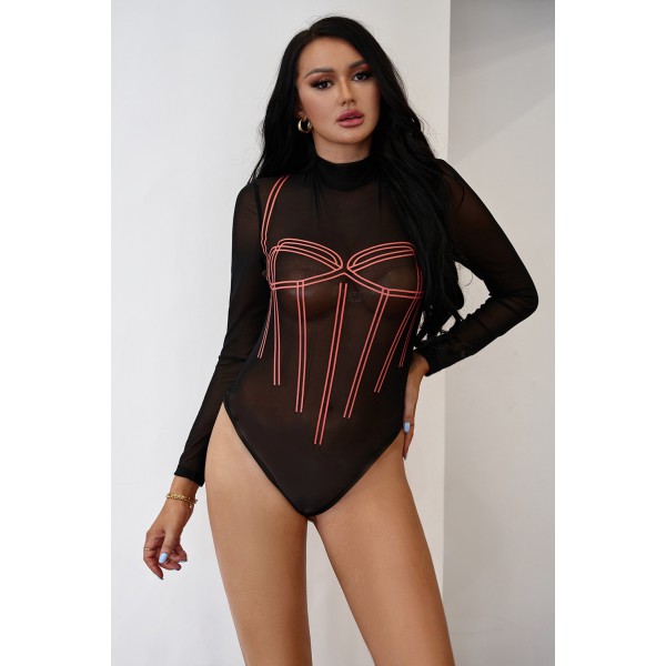 Black High Neck Printed Front Long Sleeve Bodysuit