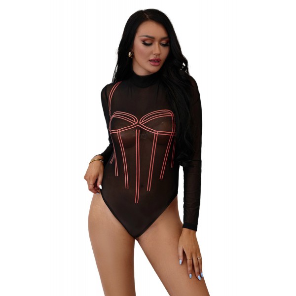 Black High Neck Printed Front Long Sleeve Bodysuit
