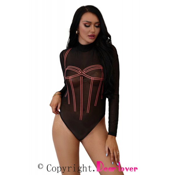 Black High Neck Printed Front Long Sleeve Bodysuit