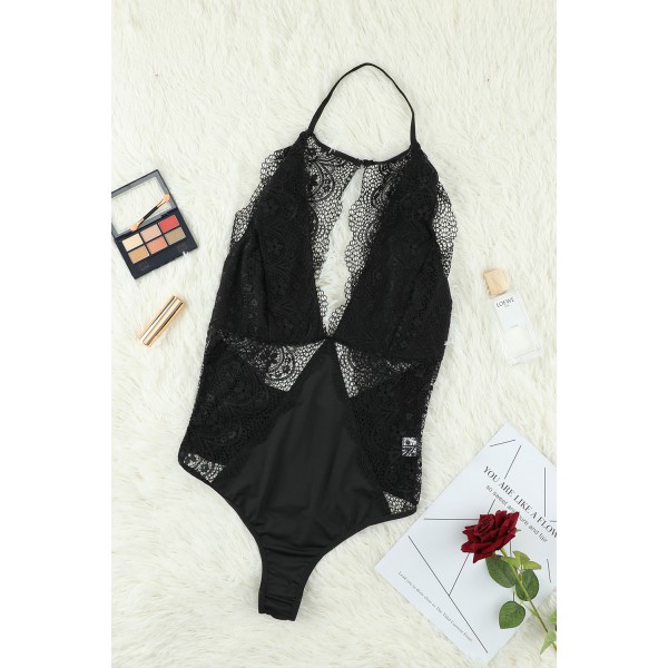 Black V Neck Crochet Lace Splicing Backless Bodysuit