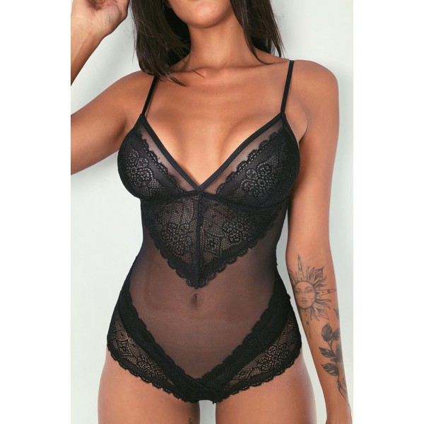 Black Spaghetti Straps Lace Mesh Bodysuit