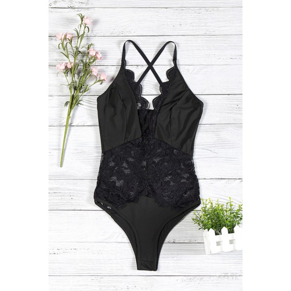 Black V Neck Lace Mesh Bodysuit