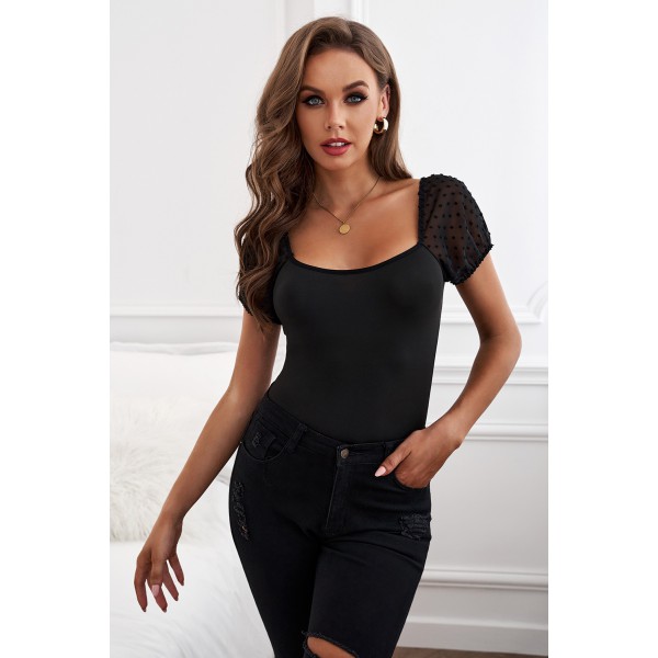 Black U Neck Swiss Dot Mesh Splicing Sleeve Bodysuit