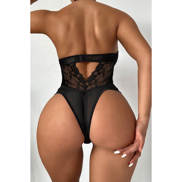 Black Halter Neck Hollow-out Bust Fishnet Lace Backless Bodysuit