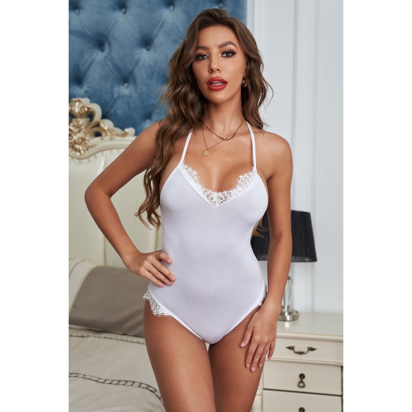 White Halter Neck Lace Patchwork Backless Bodysuit